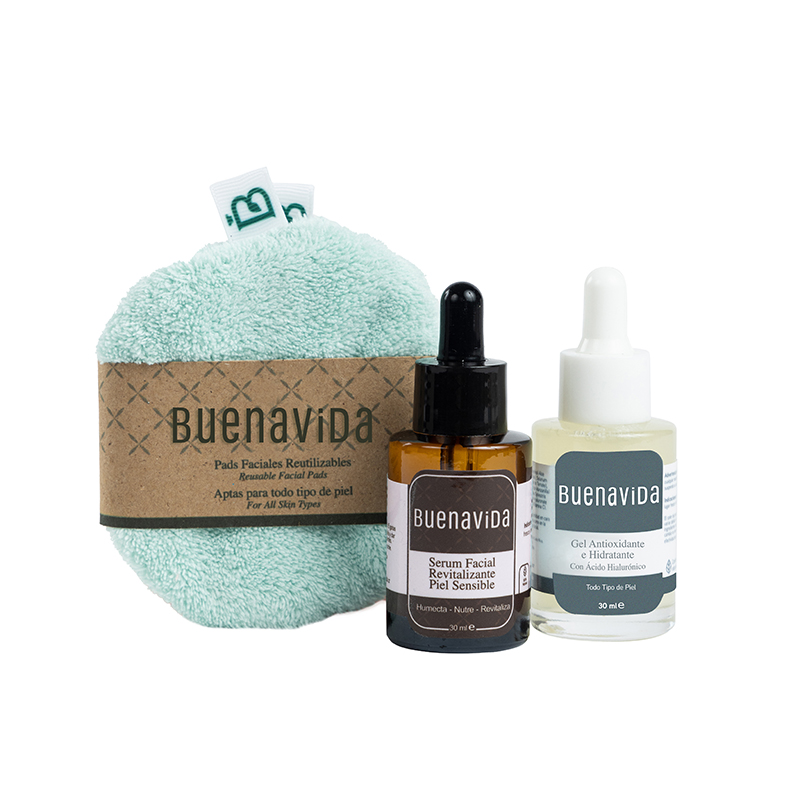 Kit BUENAViDA con gel antioxidante, pads reutilizables y serum para piel sensible